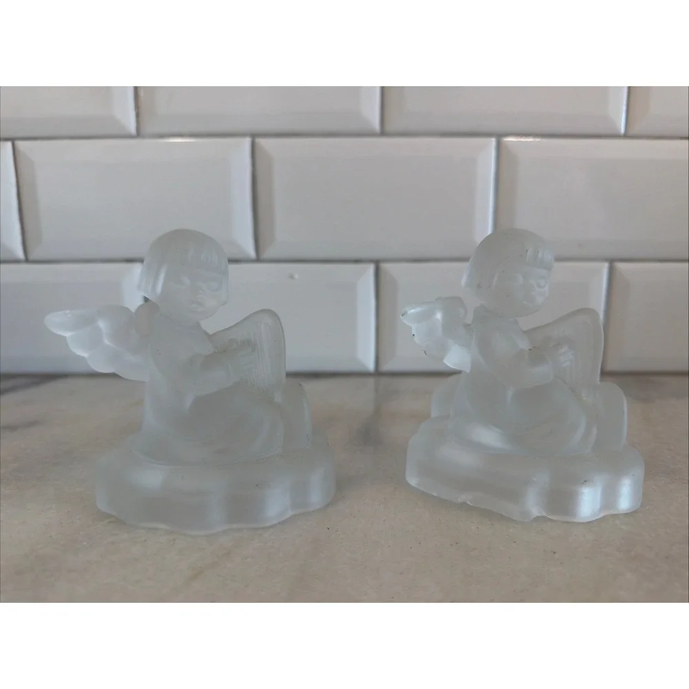 Set Of 2 Vintage 1995 MJ Hummel Frosted Crystal Glass Candle Holder Angel Avon 2